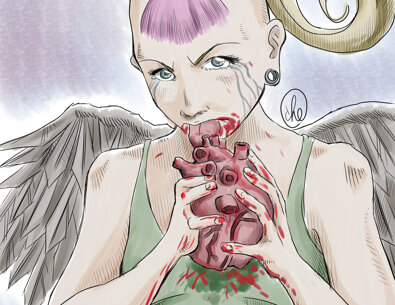Manga illustration of a winged woman with pink hair holding a bloody heart murdah srvc photo