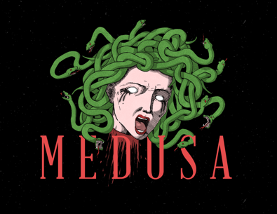 Illustration of Medusa's severed head surrounded by green snakes, mouth open, with the word MEDUSA in red letters on black background murdah srvc photo Illustration of Medusa's severed head surrounded by green snakes, mouth open, with the word MEDUSA in red letters on black background murdah srvc photo