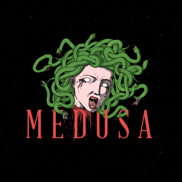 Illustrated severed head of Medusa with green snakes as hair, white eyes, open mouth, and the word MEDUSA in red letters on black background murdah srvc photo