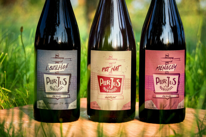 Close-up on three bottles of Montoisel natural wine: Menacey red, Pet'Nat sparkling, and L'Ozilhan oak-aged.