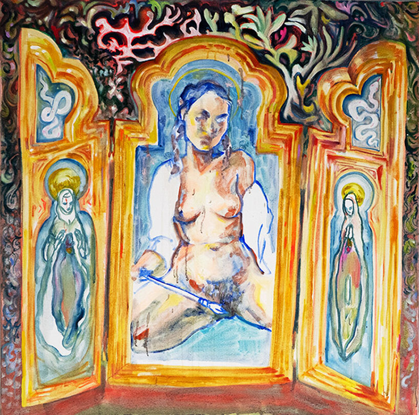 eyJlbiI6IkZpZ3VyYXRpdmUgcGFpbnRpbmcgd2l0aCBnb2xkZW4gYXJjaCBtb3RpZiBieSBWYWxlbnRpbmUgQWxtYSwgTW9udHLpYWwgY29udGVtcG9yYXJ5IGFydGlzdCwgYm9keS10aGVtZWQgYXJ0d29yay4ifQ==