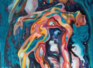 Abstract artwork painted by Valentine Alma, Montreal-based artist in Quebec, depicting a stylized face with fluid, organic shapes, surrounded by vibrant colors such as turquoise, orange, pink, and yellow, featuring textured brushstrokes that convey emotional movement and an introspective expression, displayed in a contemporary art gallery setting
