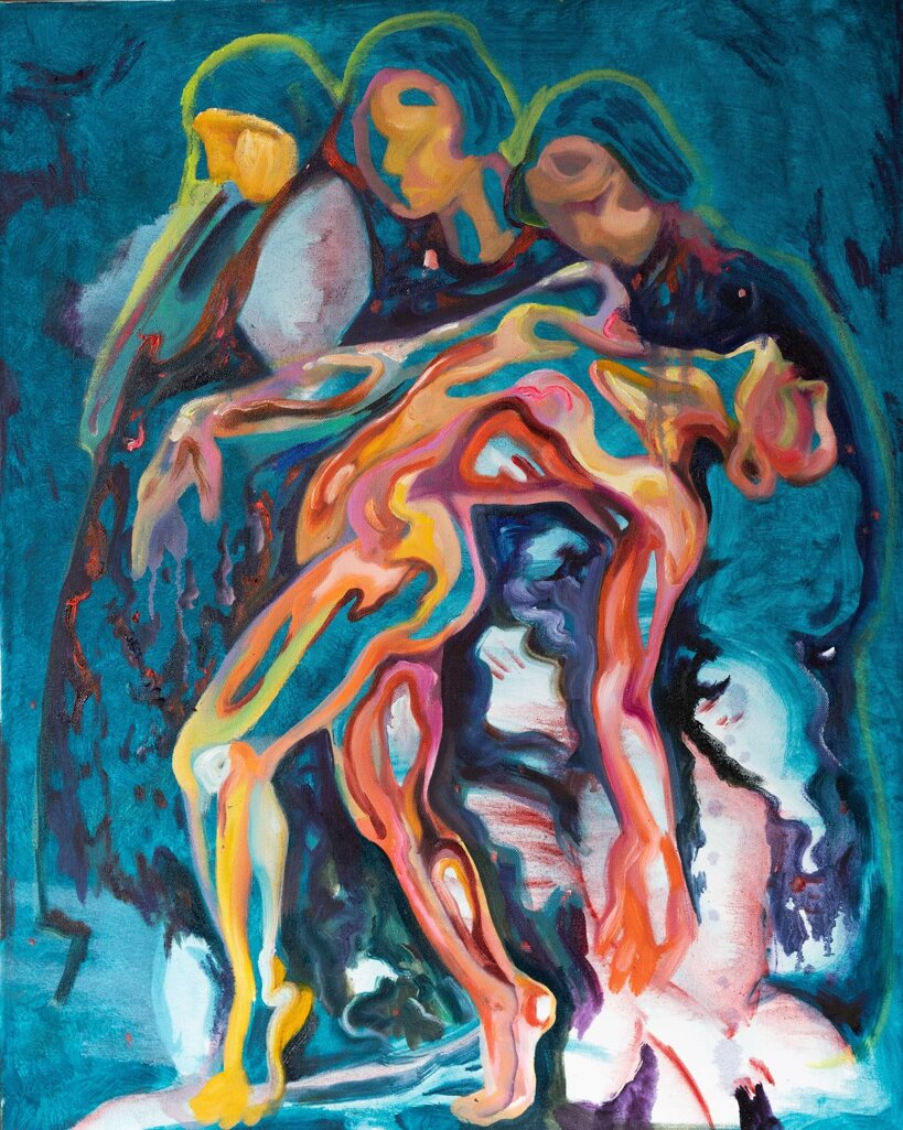 Abstract artwork painted by Valentine Alma, Montreal-based artist in Quebec, depicting a stylized face with fluid, organic shapes, surrounded by vibrant colors such as turquoise, orange, pink, and yellow, featuring textured brushstrokes that convey emotional movement and an introspective expression, displayed in a contemporary art gallery setting
