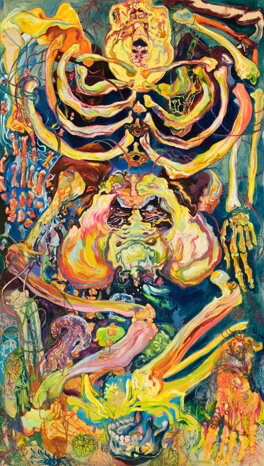 ibrant abstract painting by Valentine Alma, Montreal-based artist in Quebec, depicting a symbolic animal-like face surrounded by flowing, organic shapes and intense colors such as deep blue, fiery orange, yellow, and red, with expressive brushstrokes conveying movement, emotion, and a surreal, dreamlike atmosphere in a contemporary art context