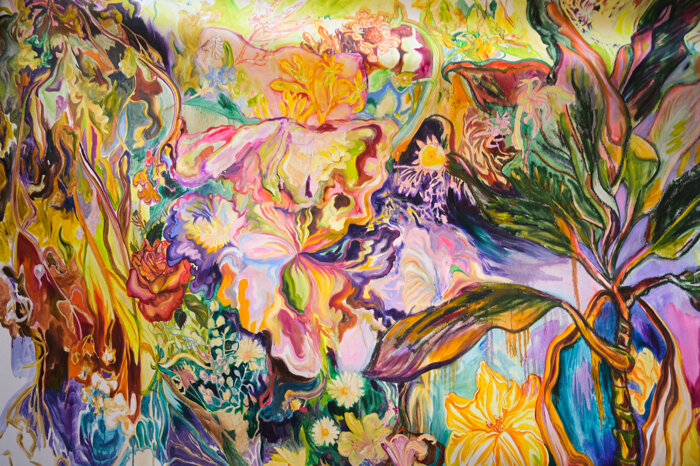 Vibrant floral-inspired abstract painting by Valentine Alma, Montreal-based artist in Quebec, featuring layered organic forms, blooming flowers, and flowing botanical shapes in rich colors such as yellow, pink, green, turquoise, and purple, with expressive brushstrokes creating a lush, immersive, and dreamlike contemporary art composition