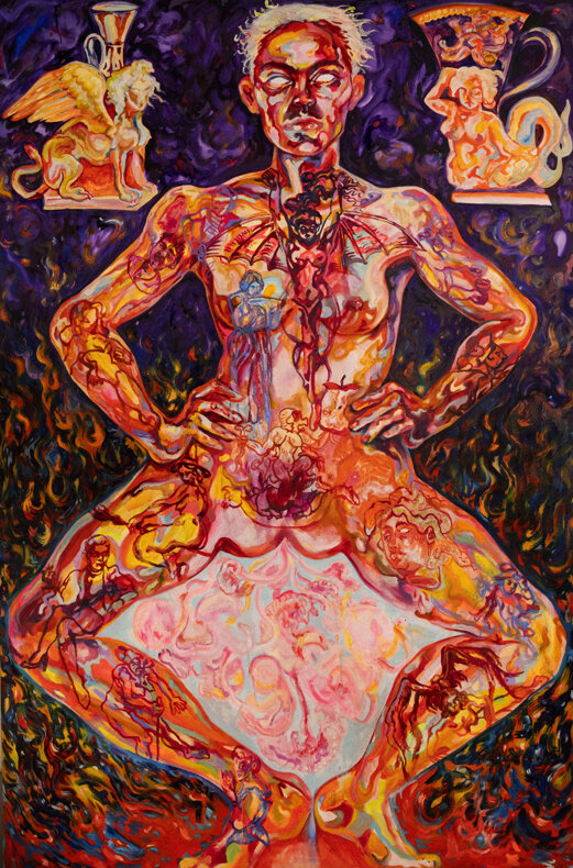 JTdCJTIyZW4lMjIlM0ElMjJUd28lMjBTaXN0ZXJzJUUyJTgwJTlEJTIwc2VyaWVzJTNBJTIwbGFyZ2UlMjBmaWd1cmF0aXZlJTIwcGFpbnRpbmclMjBvZiUyMGElMjBzZWF0ZWQlMjBudWRlJTIwZmlndXJlJTIwd2l0aCUyMHRhdHRvby1saWtlJTIwaW1hZ2VyeSUyMGFuZCUyMG15dGhpYyUyMHN5bWJvbHMlMjBvbiUyMGElMjBkZWVwJTIwcHVycGxlJTIwYmFja2dyb3VuZCUyMGJ5JTIwVmFsZW50aW5lJTIwQWxtYSUyQyUyME1vbnRyJUMzJUE5YWwlMkMlMjBRdSVDMyVBOWJlYy4lMjIlN0Q=