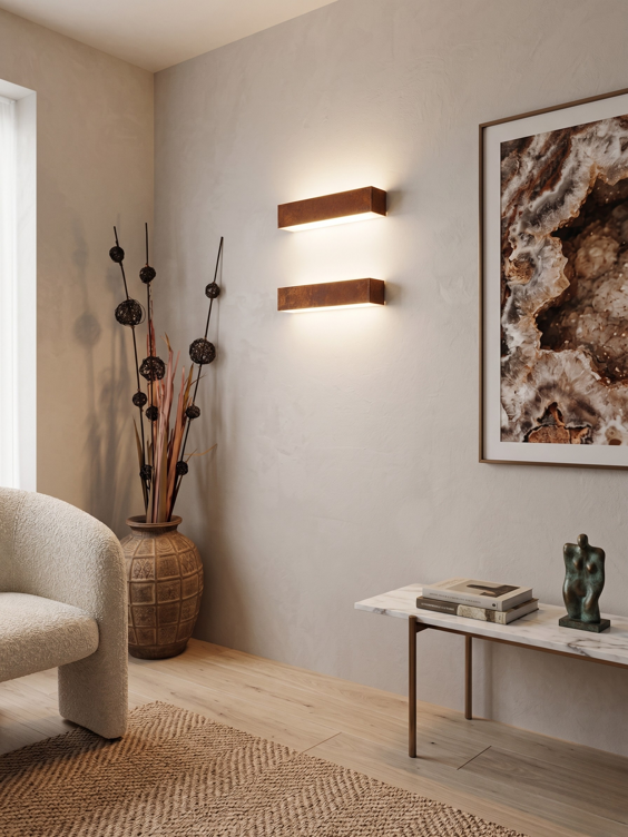 applique lineare in biemissione luce sopra sotto in vero acciaio corten