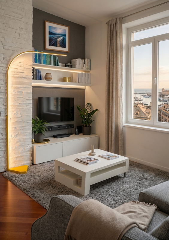 piantana ad arco led moderna minimale camera matrimoniale comodino 