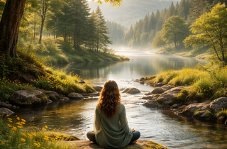 Bild zeigt eine weibliche Figur, die an einem Bach sitzt inmitten der Natur Bild zeigt eine weibliche Figur, die an einem Bach sitzt inmitten der Natur