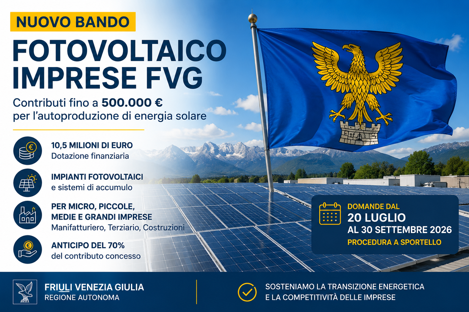 ☀️ Nuovo bando Regione Friuli Venezia Giulia: fino a 500.000 € per impianti fotovoltaici nelle imprese ☀️ Nuovo bando Regione Friuli Venezia Giulia: fino a 500.000 € per impianti fotovoltaici nelle imprese