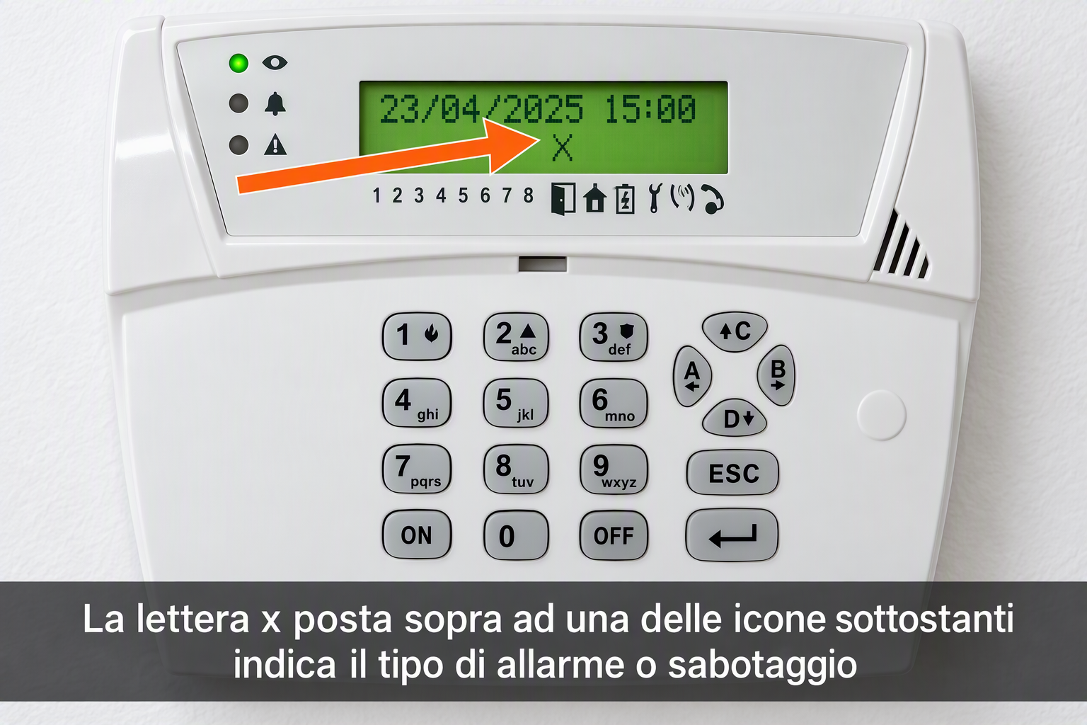 Tastiera Kyo Bentel con icone di allarme e sabotaggio visualizzate sul display