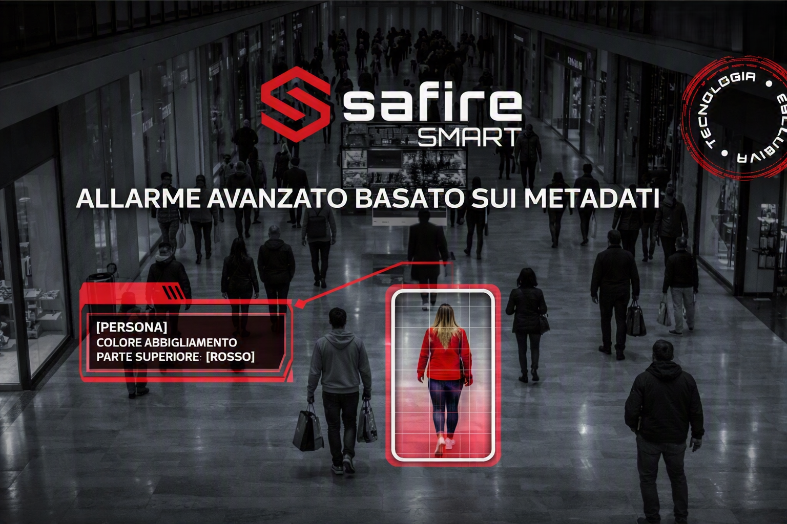 safire-smart-videosorveglianza-con-metadati.png Persona evidenziata da sistema Safire Smart con riconoscimento colore