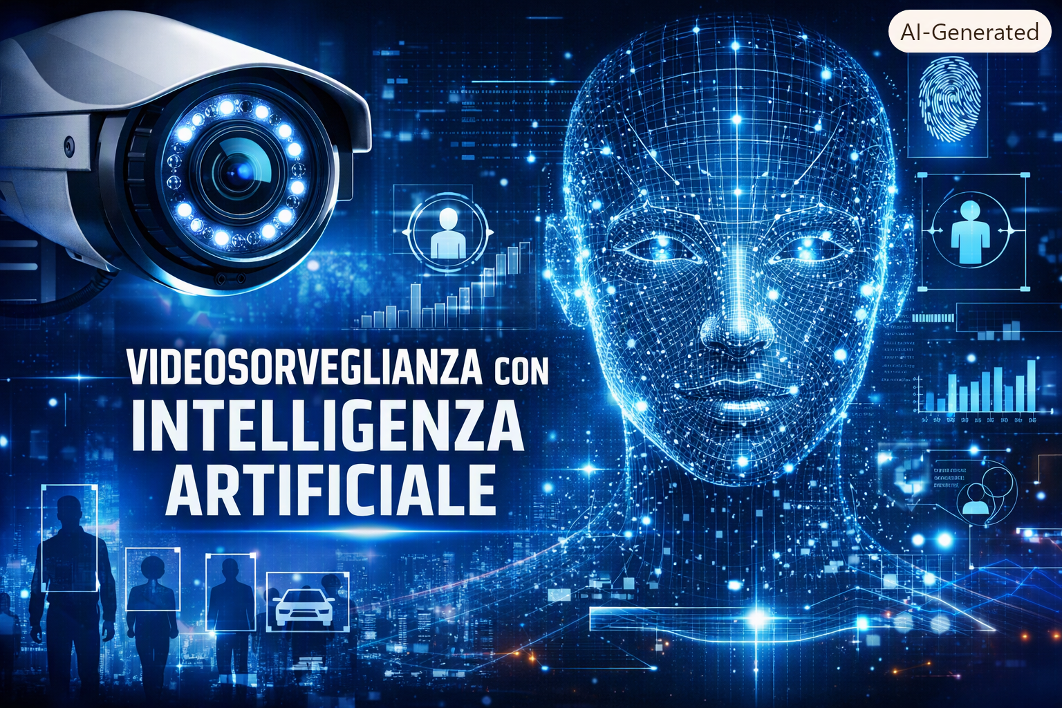 Illustrazione di telecamera di sicurezza e volto digitale che rappresenta l’intelligenza artificiale applicata alla videosorveglianza