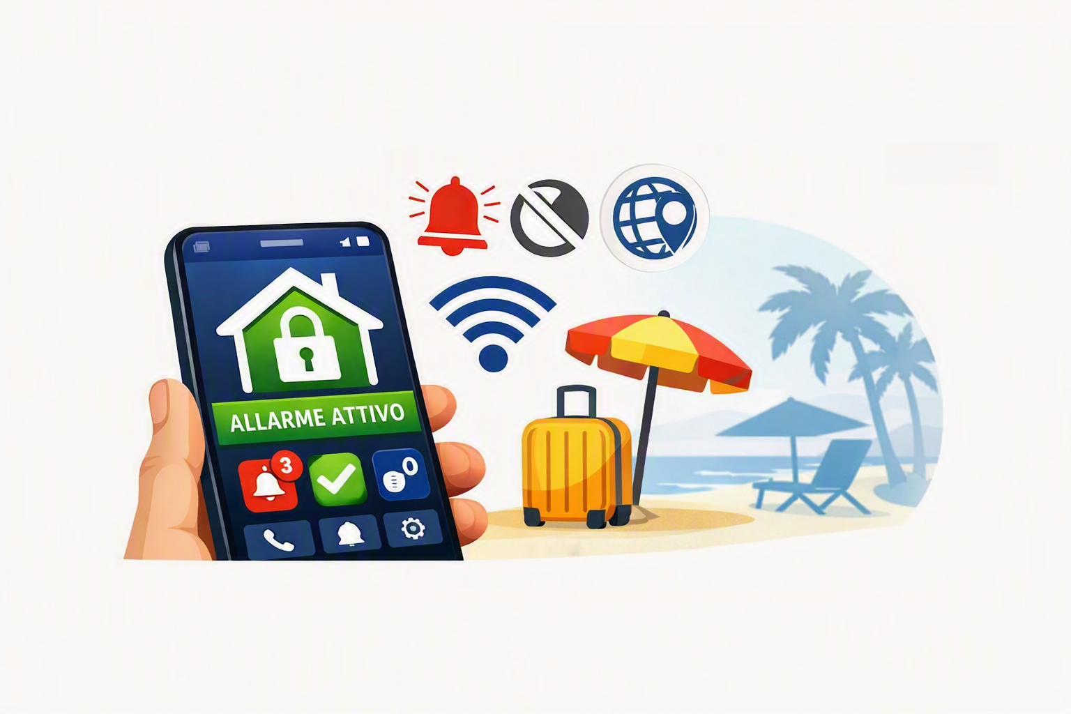 Controllo antifurto da smartphone con allarme attivo e monitoraggio remoto durante le vacanze