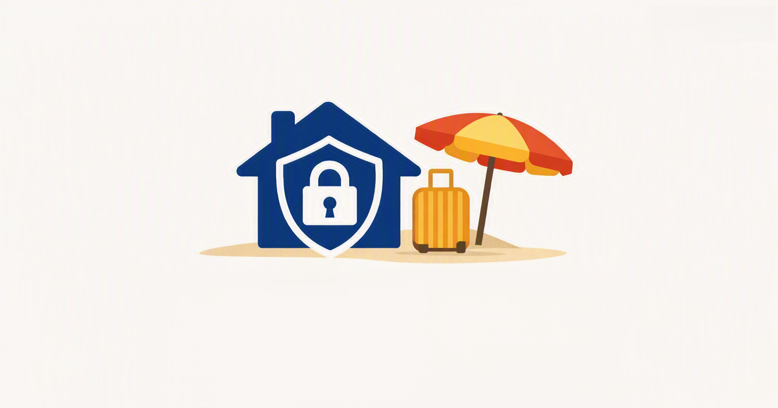 Illustrazione casa protetta da antifurto con valigia e ombrellone per sicurezza in vacanza