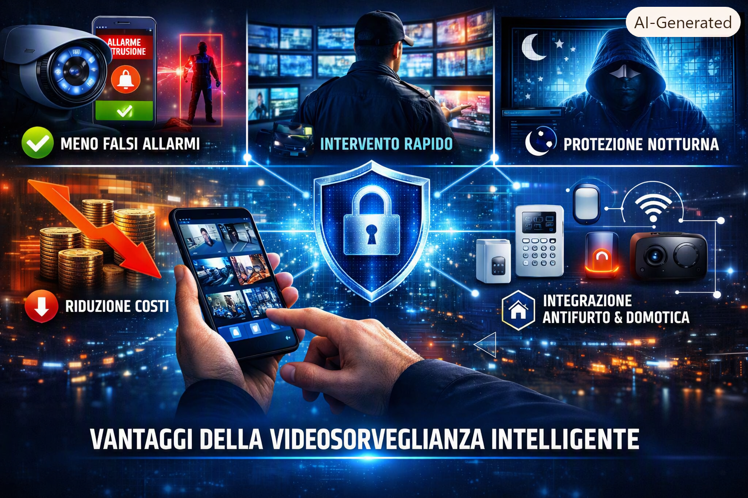 Grafica che mostra i vantaggi della videosorveglianza intelligente: meno falsi allarmi, intervento rapido, protezione notturna, riduzione costi e integrazione con domotica