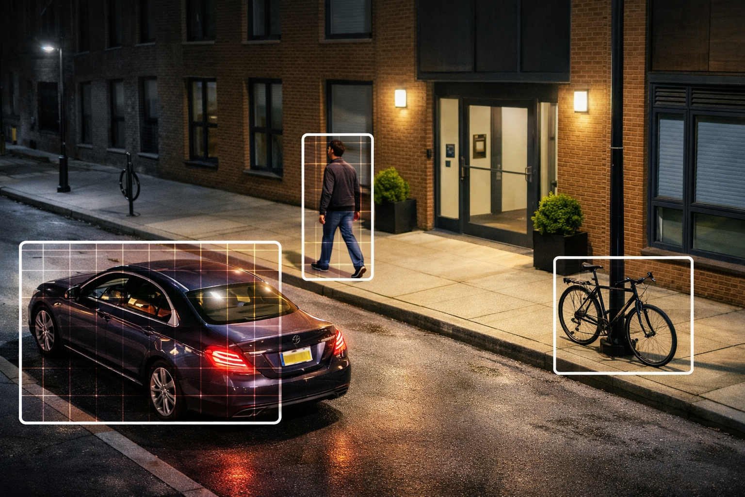 Rilevamento AI di persone, veicoli e oggetti in una scena urbana con Safire Smart