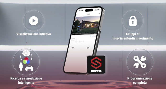 Interfaccia dell’app Safire Smart Max con funzioni di videosorveglianza avanzate
