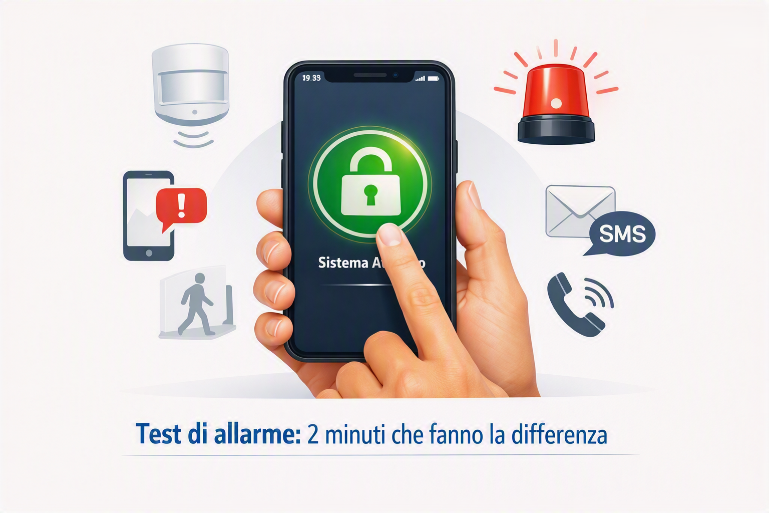Illustrazione test di allarme con smartphone, verifica sensori, sirena e notifiche antifurto
