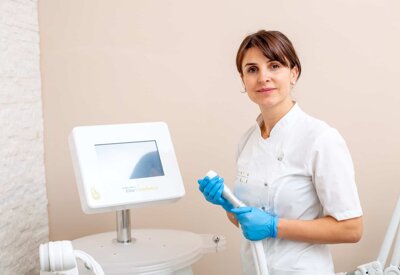 Estetista Eriola Hoxha con in mano uno strumento di estetica avanzata per trattamenti corpo con vacuum e ragiofrequenze