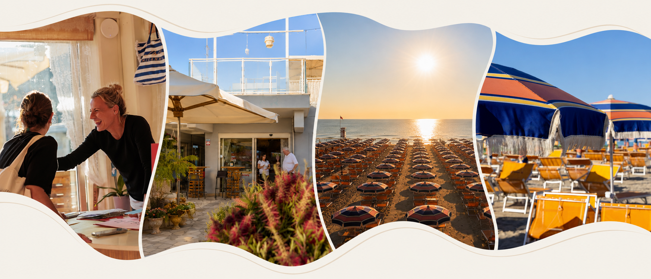 Collage del Bagno Anna 95 a Pinarella di Cervia con spiaggia, ingresso, mare e accoglienza Collage del Bagno Anna 95 a Pinarella di Cervia con spiaggia, ingresso, mare e accoglienza