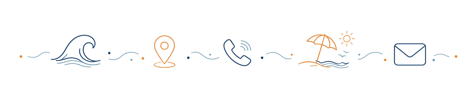 Elemento grafico decorativo con icone mare, telefono, posizione ed email