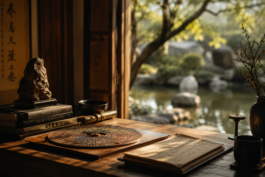 Traditional Feng Shui study with Luo Pan compass and garden view Traditional Feng Shui study with Luo Pan compass and garden view
