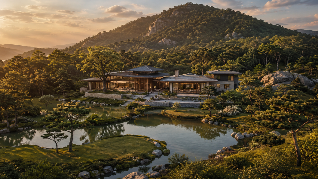 Home surrounded by mountains, trees and water in Feng Shui harmony Home surrounded by mountains, trees and water in Feng Shui harmony