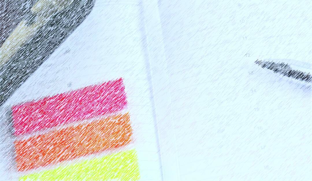 Gros plan avec un effet de texture crayonné montrant trois blocs de couleurs fluo superposés : rose, orange et jaune, sur fond blanc.