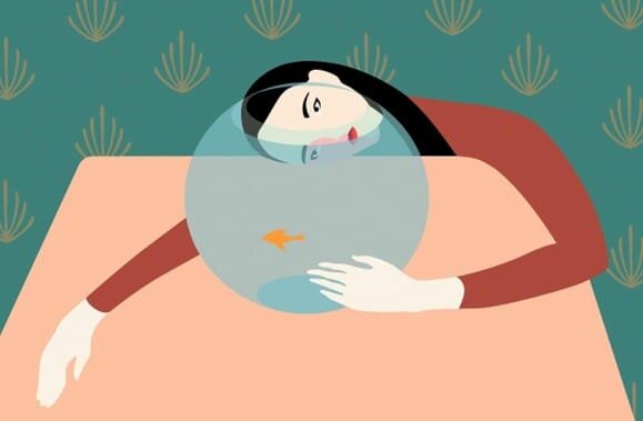 placerenpremier_02.jpeg Vector illustration of a woman leaning her head against a fishbowl with a small goldfish inside, symbolizing loneliness or melancholy.