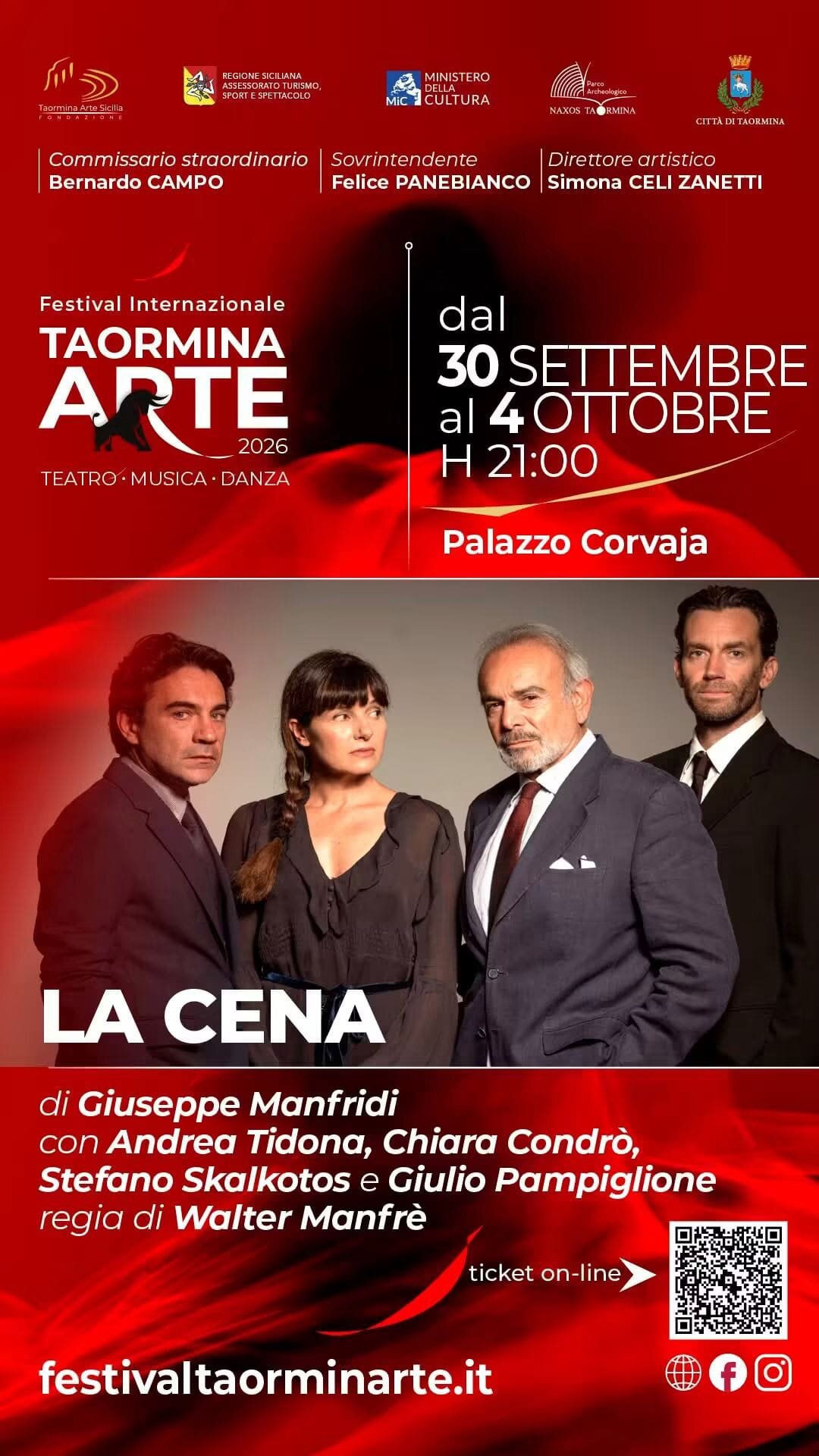 Su SudArte Taormina Arte, &ldquo;La Cena&rdquo; da mercoled&igrave; 30 settembre a domenica 4 ottobre a Palazzo Corvaja: omaggio al regista Walter Manfr&egrave;