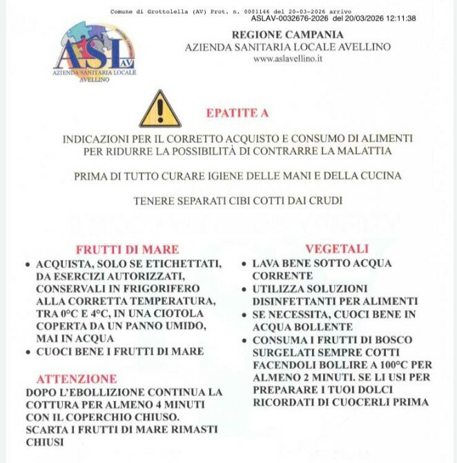 Epatite A in Irpinia, le raccomandazioni dell'Asl di Avellino: ecco cosa non mangiare