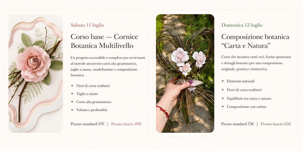 Weekend creativo nelle Marche dedicato a fiori di carta realistici e composizione botanica