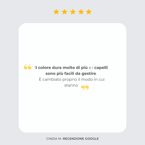 capelli non più spezzati da quando uso i loro prodotti. colorazioni meravigliose, capelli ritornati sani come non mai, personale affabile e gioioso