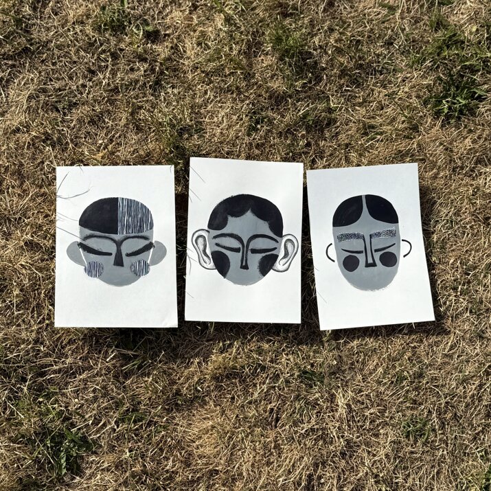 Fernando Cobelo, illustration, portrait, collage, paper, acrylics, I tre fratelli, the three brothers, brothers