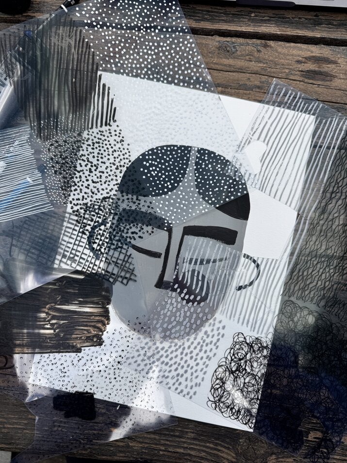 Fernando Cobelo, illustration, portrait, collage, paper, acrylics, I tre fratelli, the three brothers, brothers