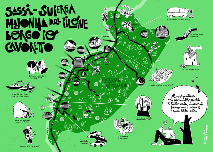Fernando Cobelo, illustration, mapping, urban lab, giusti eventi, Torino, Turin, Caporetto, collina, sassi, superga, madonna del pilone