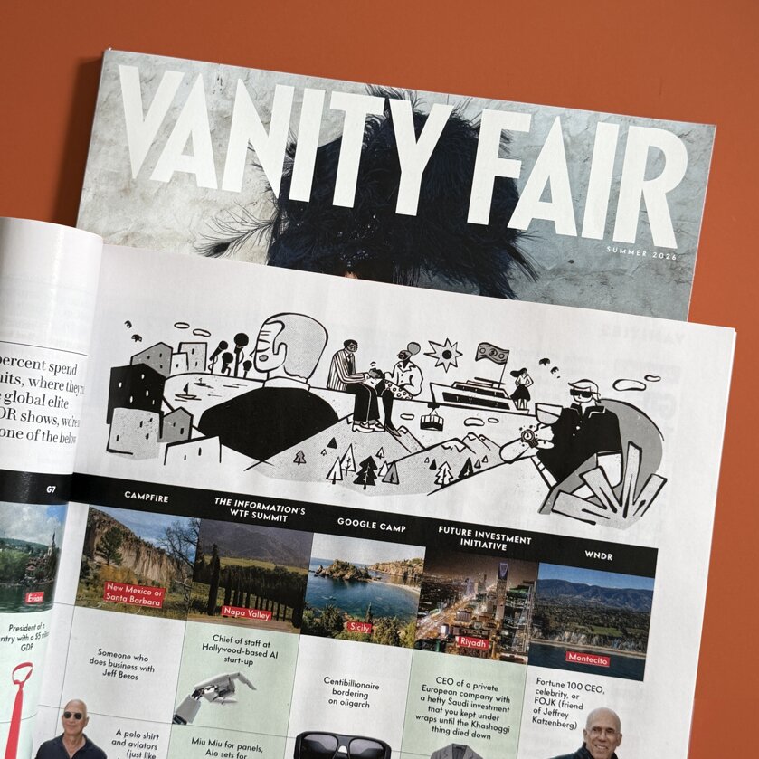 fernando Cobelo, vanity fair, rich people, conferences, vacation, out of office, illustration, purple rain illustrators 
