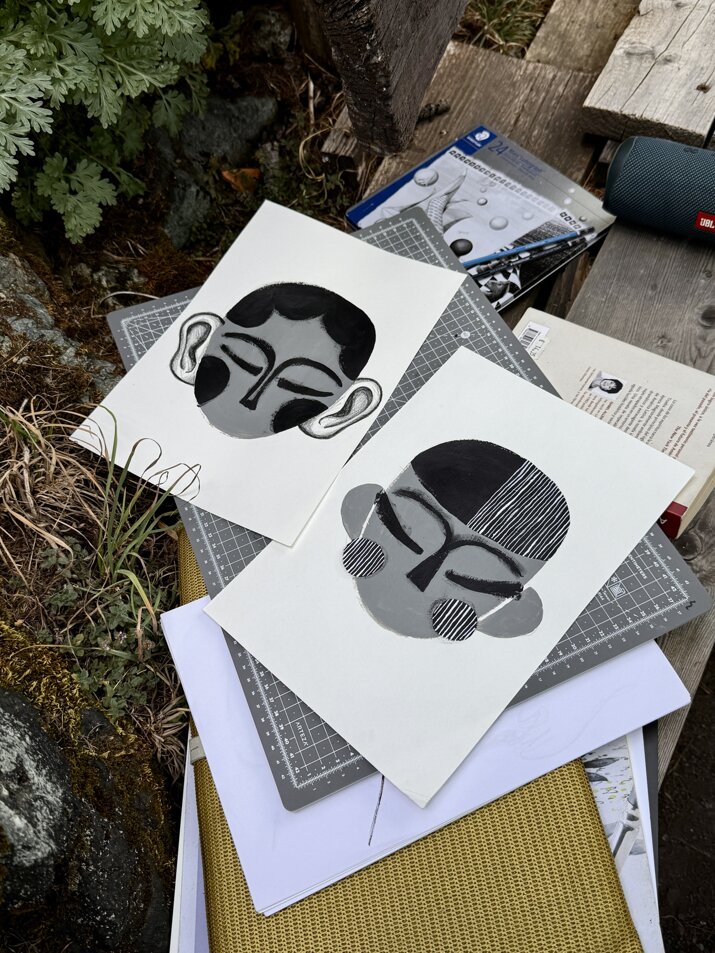 Fernando Cobelo, illustration, portrait, collage, paper, acrylics, I tre fratelli, the three brothers, brothers