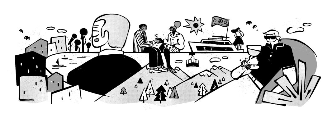 fernando Cobelo, vanity fair, rich people, conferences, vacation, out of office, illustration, purple rain illustrators 