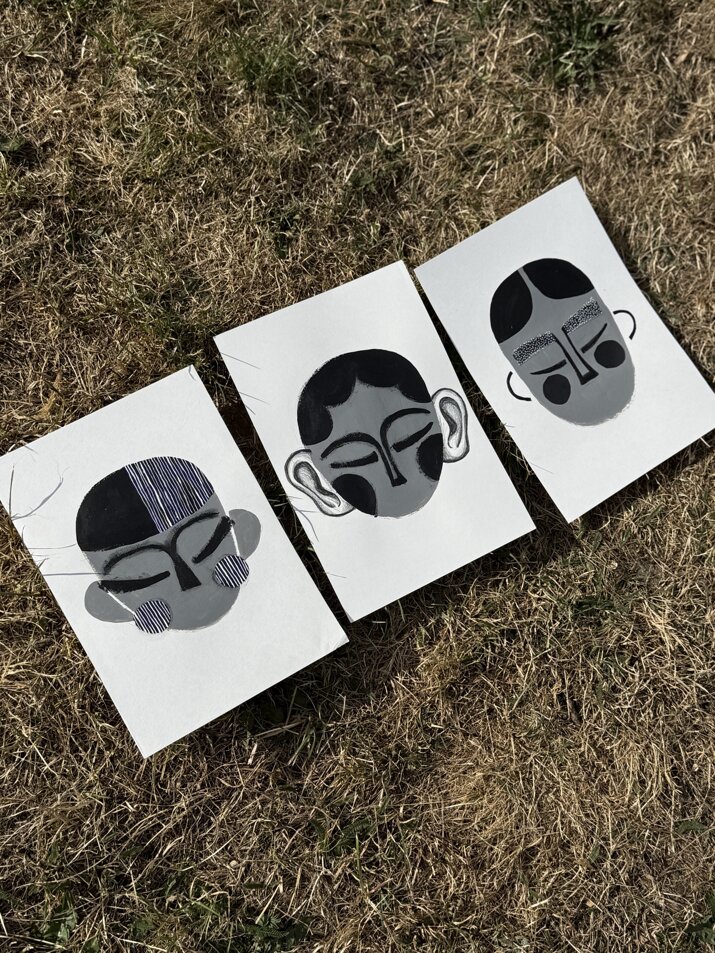 Fernando Cobelo, illustration, portrait, collage, paper, acrylics, I tre fratelli, the three brothers, brothers