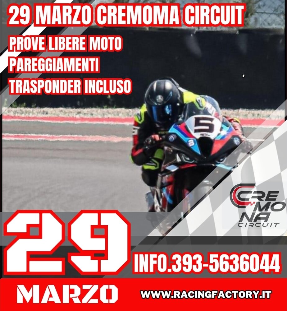 Locandina evento prove libere moto al Cremona Circuit il 29 marzo con informazioni di contatto.