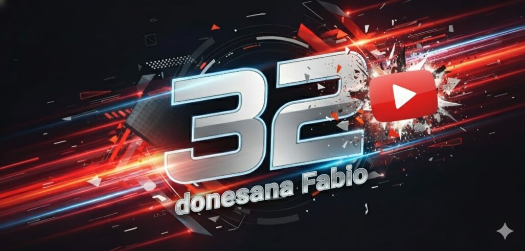 Grafica futuristica con numero 32 e logo YouTube.