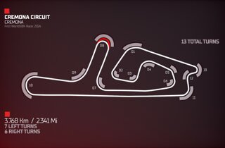 Mappa del circuito Cremona, dettagli sui 13 tornanti e lunghezza di 3.768 km.