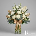 bouquet-di-natale-bianco-e-oro-con-rose-anthurium-bacche-e-verde-di-abete-artigianale-a-milano