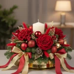 centrotavola-natalizio-elegante-con-candela-rose-rosse-e-nastri-oro-consegna-a-milano