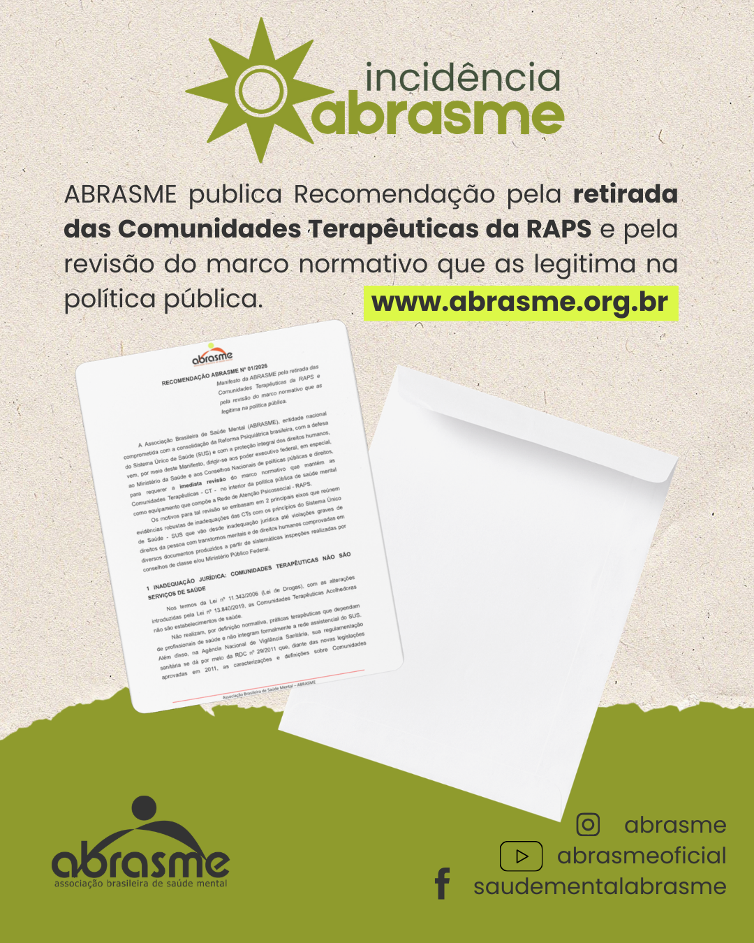 ABRASME protocola Recomendação pela retirada das Comunidades Terapêuticas da RAPS