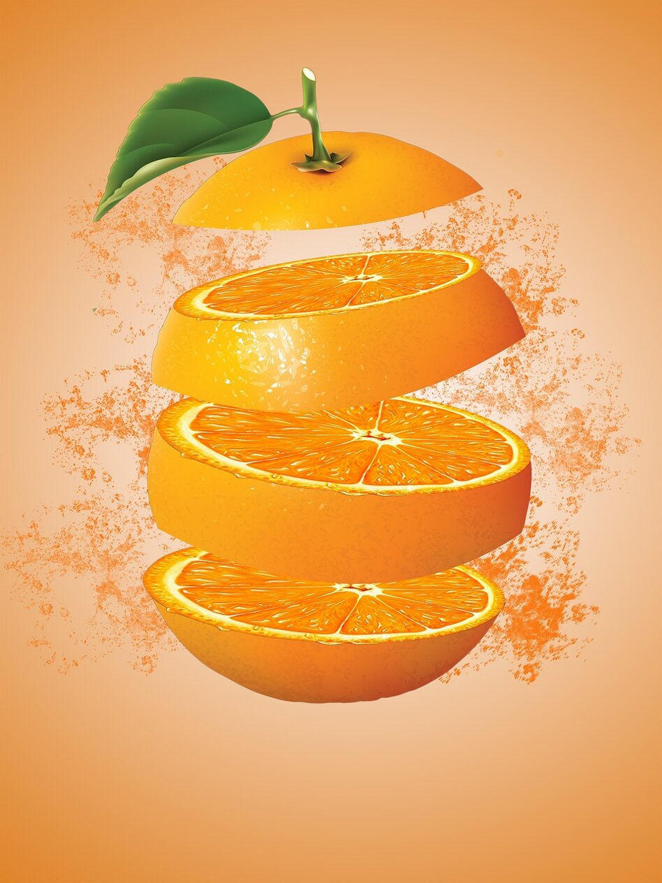 Illustration of a sliced orange with a leaf on an orange gradient background